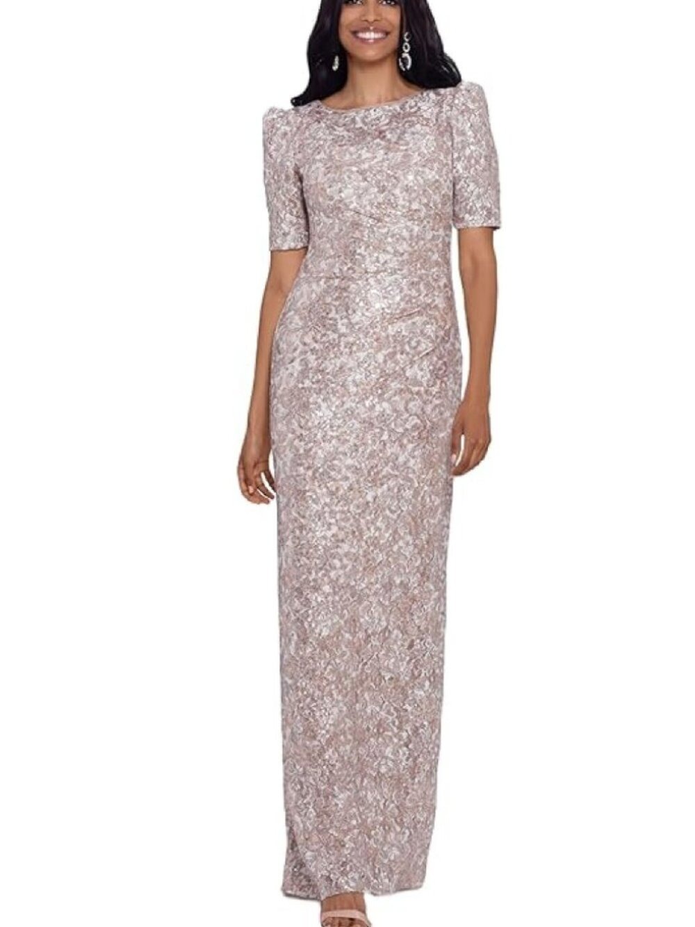 ✨Xscape Women's Long Lace Sequin Side Ruched Dress 14 Sand NWT